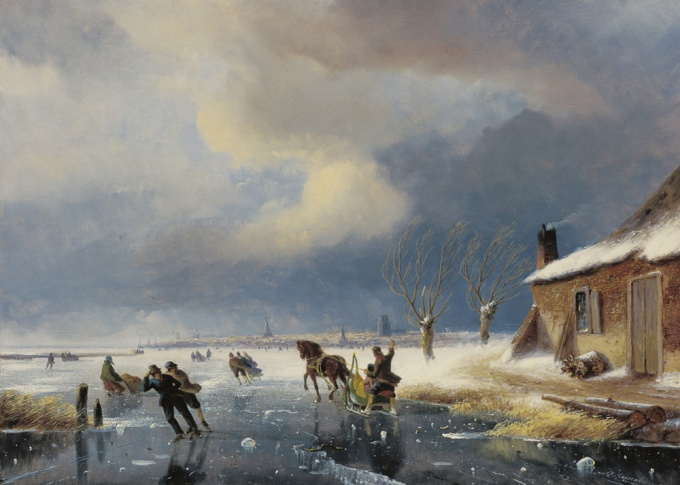 Skaters on a frozen river at the outskirts of a town by Nicolaas Johannes Roosenboom