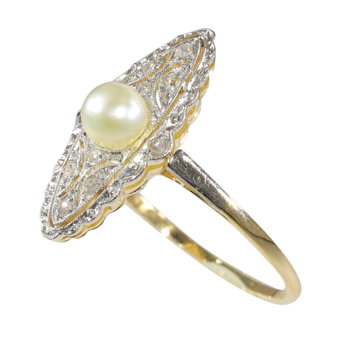 Vintage Edwardian Art Deco diamond and pearl marquise shaped ring by Artista Sconosciuto