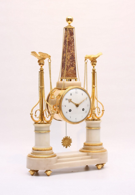 A French Louis XVI portico mantel clock with obelisk, circa 1780 by Unknown artist