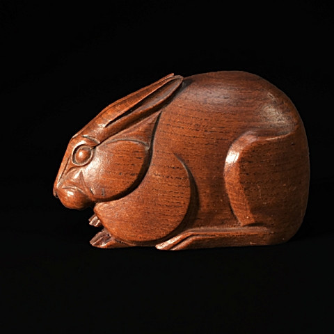 Wooden rabbit art deco sculpture by F. Rouxel-Vannen