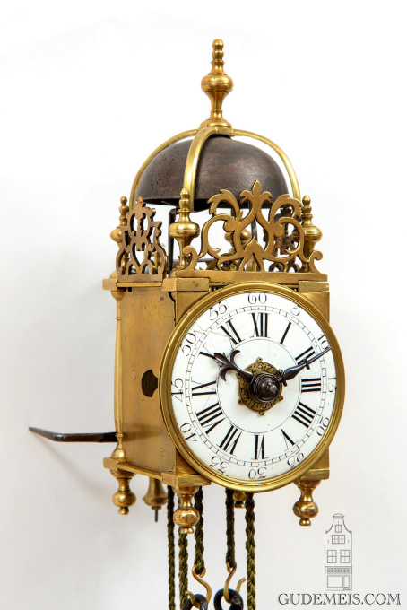 A rare miniature French brass striking and alarm lantern clock, circa 1750 by Artiste Inconnu