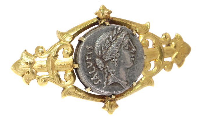 Antique silver Roman coin mounted in antique Victorian brooch by Artiste Inconnu