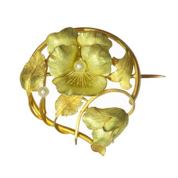Vintage antique Art Nouveau 18K gold flower branch brooch with natural seed pearls by Artiste Inconnu