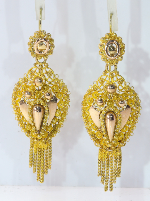 Vintage Antique Dutch 14K gold filigree earrings by Unknown Artist
