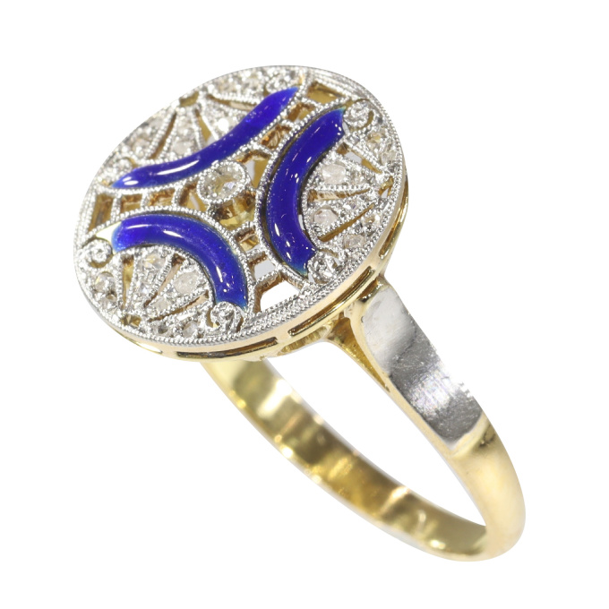 Vintage Art Deco diamond engagement ring with blue enamel by Artista Sconosciuto