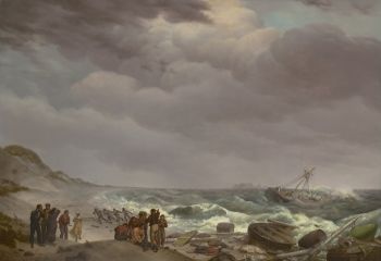 Shipwreck at the South African coast, Tsaarsbank, with the Table Mountain in the distance by Johannes Hermanus Koekkoek