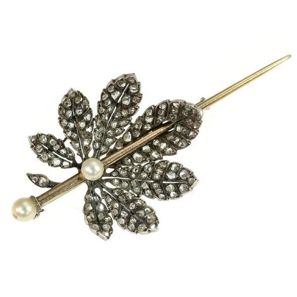 French Antique Victorian brooch chestnut leaf completely diamond covered by Artiste Inconnu