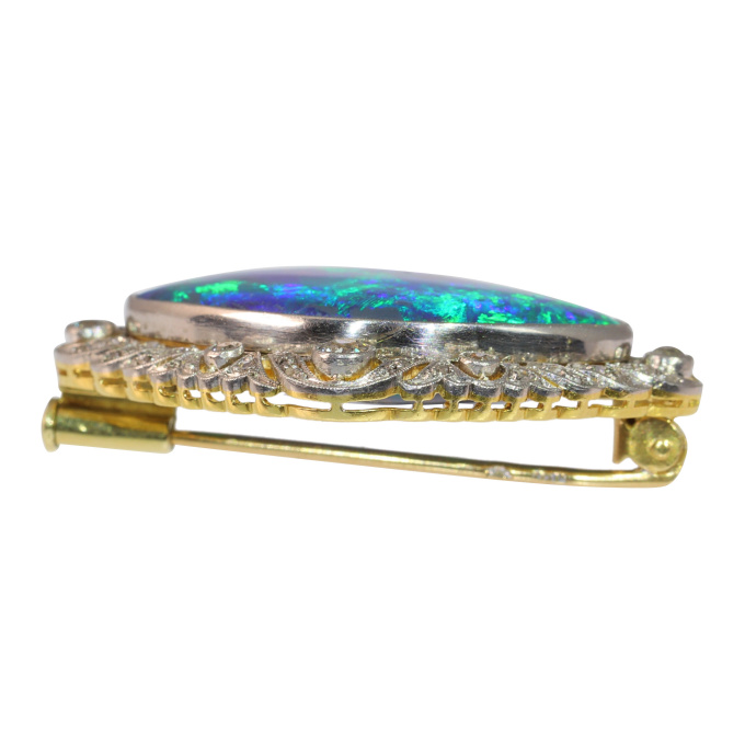 Vintage Belle Epoque Dutch 18K diamond brooch with truly magnificent black opal by Artiste Inconnu