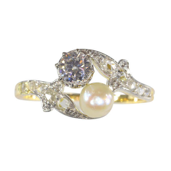 Vintage Belle Epoque diamond and pearl romantic toi-et-moi engagement ring by Artiste Inconnu