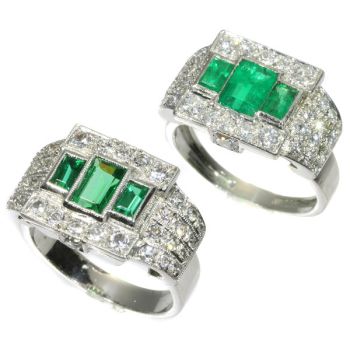 Unique ring pair of a Platinum Art Deco original with emeralds and its dummy model by Unknown Artist