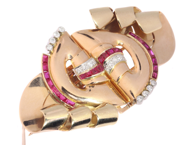 Strong design three tone gold Retro double clip with diamonds and rubies by Unknown artist