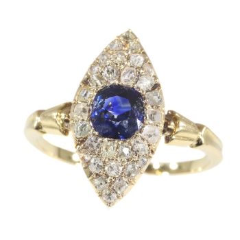 Early Victorian diamond and natural vivid blue sapphire engagement ring by Unknown Artist
