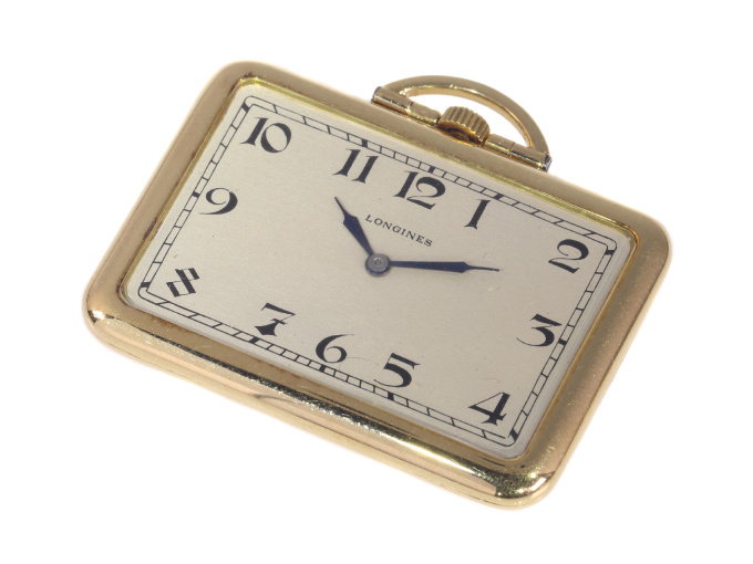 Rare vintage Art Deco rectangular 18K gold Longines pocket watch with matching fob by Artista Sconosciuto