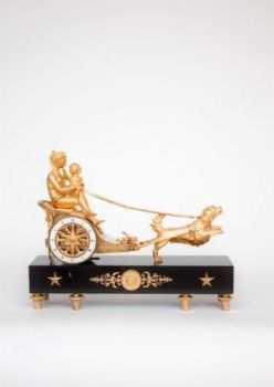 A French empire ormolu and marble chariot mantel clock, circa 1800 by Unknown Artist
