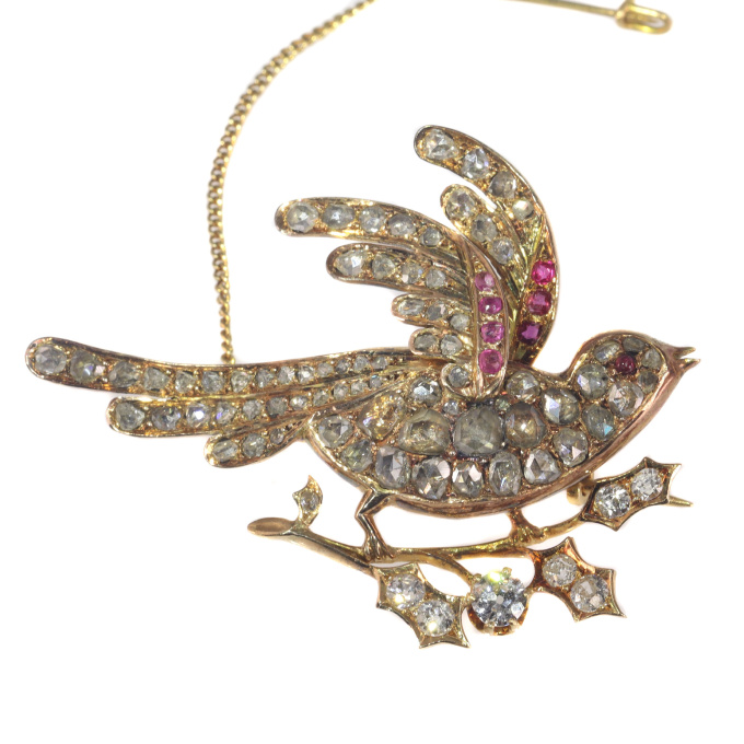 Vintage antique Victorian gold bird of paradise brooch set with 81 diamonds by Artiste Inconnu