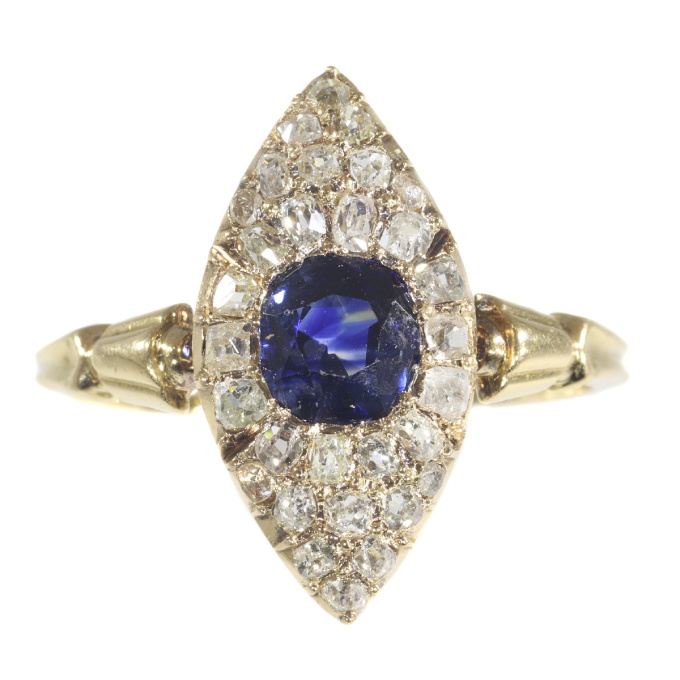 Early Victorian diamond and natural vivid blue sapphire engagement ring by Unknown artist