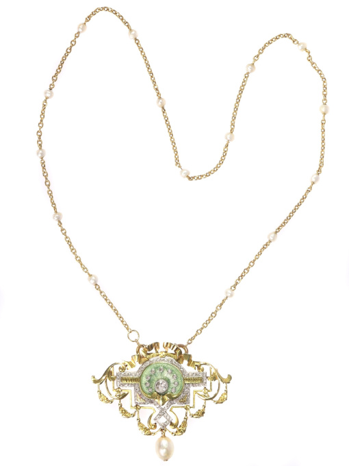 Vintage Belle Epoque brooch and pendant on chain enameled set with 109 diamonds by Unbekannter Künstler