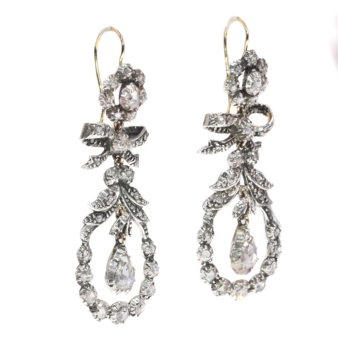 Antique 19th Century long pendent chandelier diamond earrings by Artista Sconosciuto