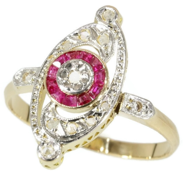 Charming Belle Epoque Art Deco ring with diamonds and rubies by Onbekende Kunstenaar