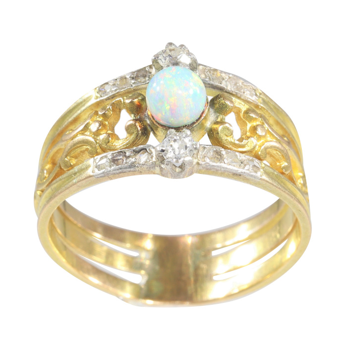 Vintage antique Victorian diamond ring with opal sphere by Artista Sconosciuto