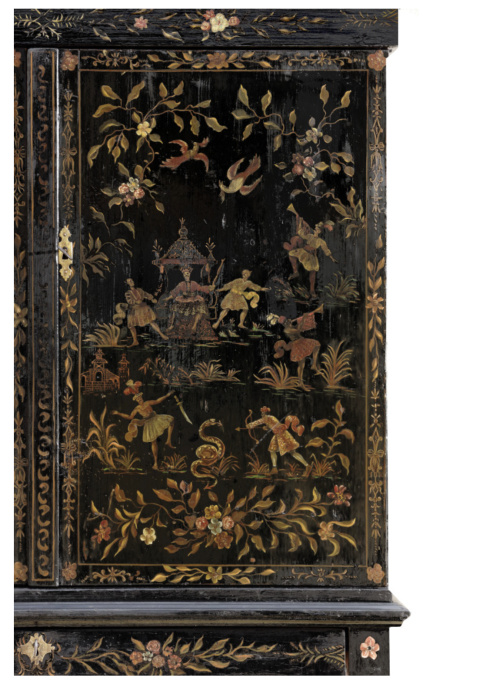 A Dutch Chinoiserie pinewood polychrome lacquered cabinet on stand by Artista Desconocido