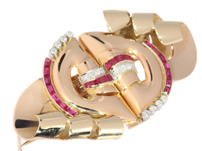 Strong design three tone gold Retro double clip with diamonds and rubies by Artista Sconosciuto