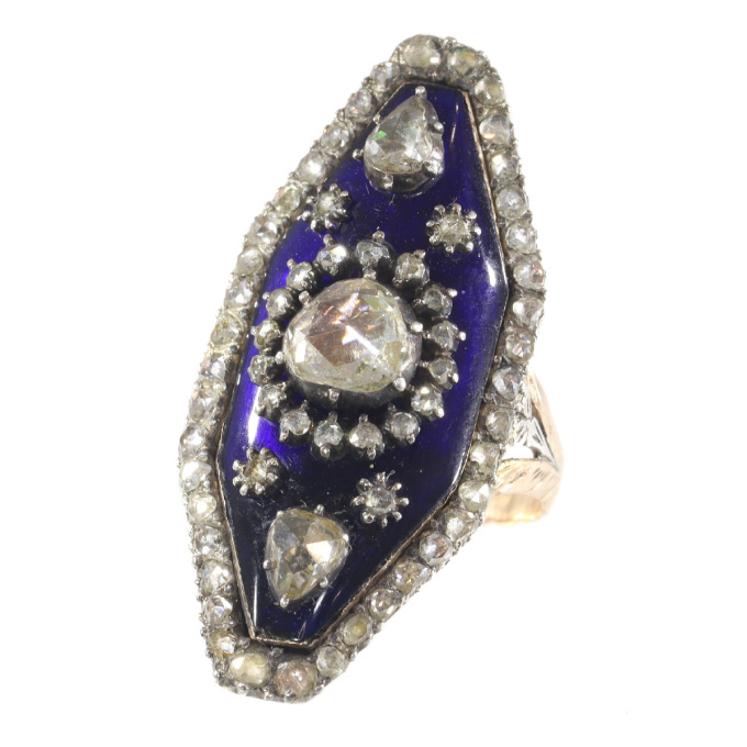 Magnificent Victorian rose cut diamond ring with blue enamel by Artista Sconosciuto