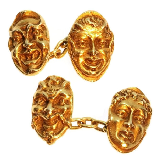 Antique cufflinks French 18K yellow gold mask by Artista Sconosciuto