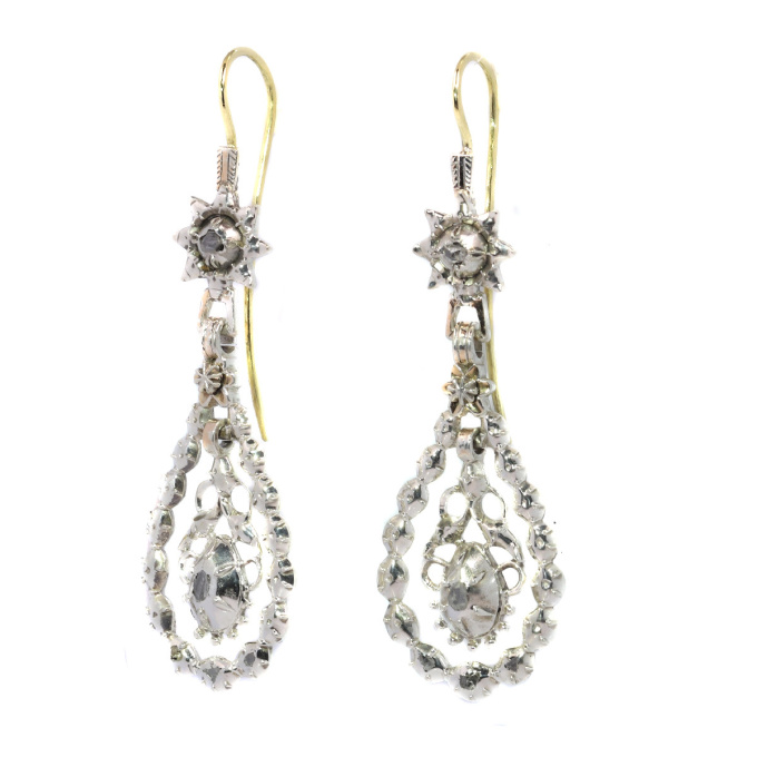 Antique Flemish diamond long pendent earrings late Georgian early Victorian period by Artiste Inconnu