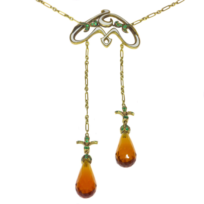 French Art Nouveau enameled necklace with emeralds and citrine briolettes by Onbekende Kunstenaar