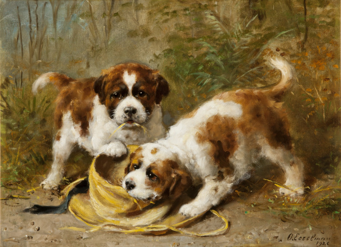 Two Saint-Bernard puppies playing with a hat by Otto Eerelman