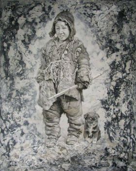Young Tibetan Boy with his dog by Sheng Shaopeng