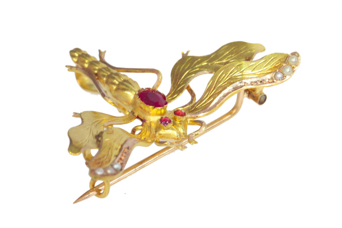 Vintage antique Victorian insect brooch with rubies and half seed pearls by Artista Sconosciuto