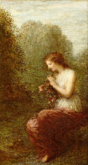 Girl arranging flowers in the woods by Henri Fantin-Latour