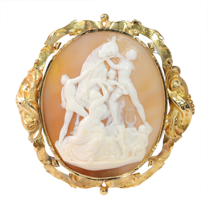 Vintage antique cameo brooch in gold mounting depticting the famous sculpture The Farnese Bull"" by Artiste Inconnu
