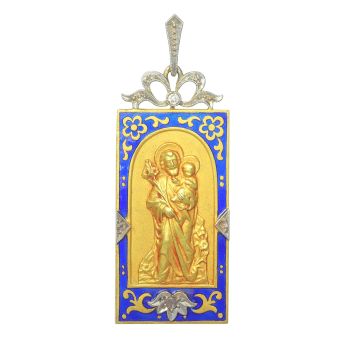 Vintage antique 18K gold pendant enameled and set with diamonds Saint Joseph holding baby Jesus by Unbekannter Künstler