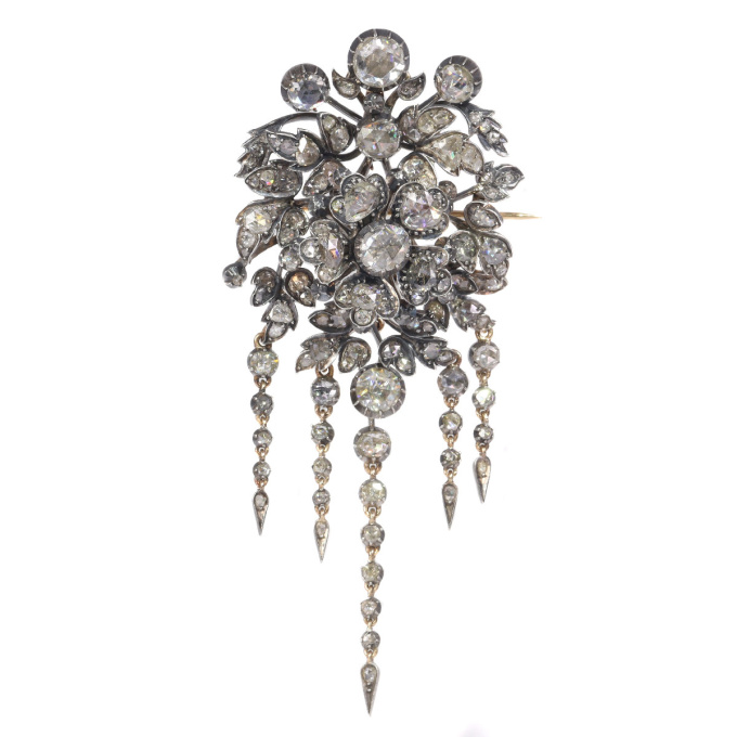 Impressive antique flower brooch trembleuse corsage fully embellished with high quality rose cut diamonds by Unknown artist