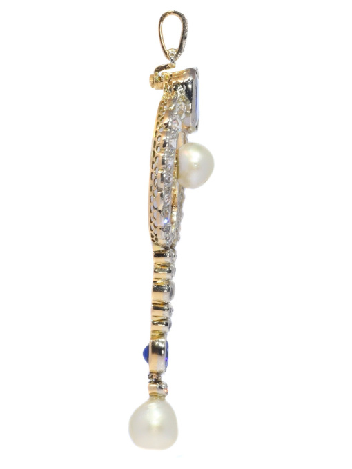 Belle Epoque diamond pendant with large natural pearls and cornflower blue color natural sapphires (certified) by Artista Sconosciuto
