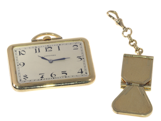 Rare vintage Art Deco rectangular 18K gold Longines pocket watch with matching fob by Artiste Inconnu