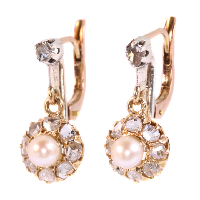 Vintage antique late Victorian earrings with rose cut diamonds and pearls by Unknown Artist