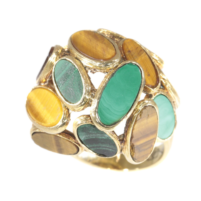 Vintage Sixties pop-art gold ring set with malachite and tiger eye by Unknown artist