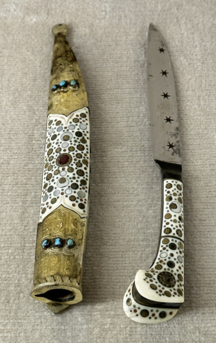 A superb inlaid walrus ivory and blue glass Ottoman knife by Artiste Inconnu