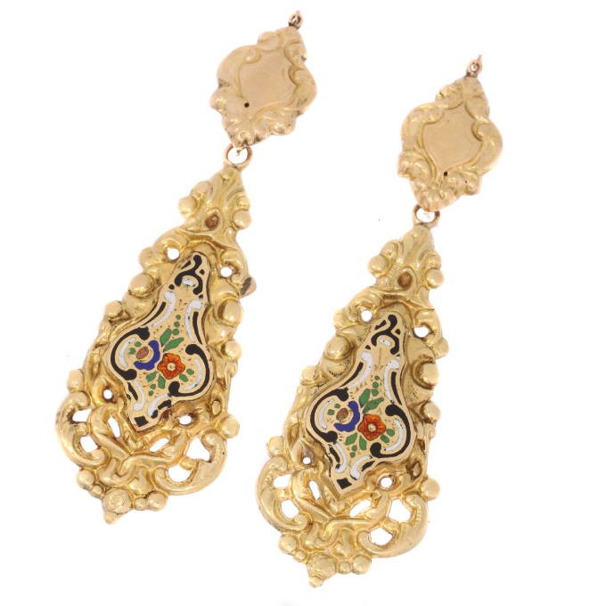 Antique Victorian gold dangle earrings with enamel by Unknown artist