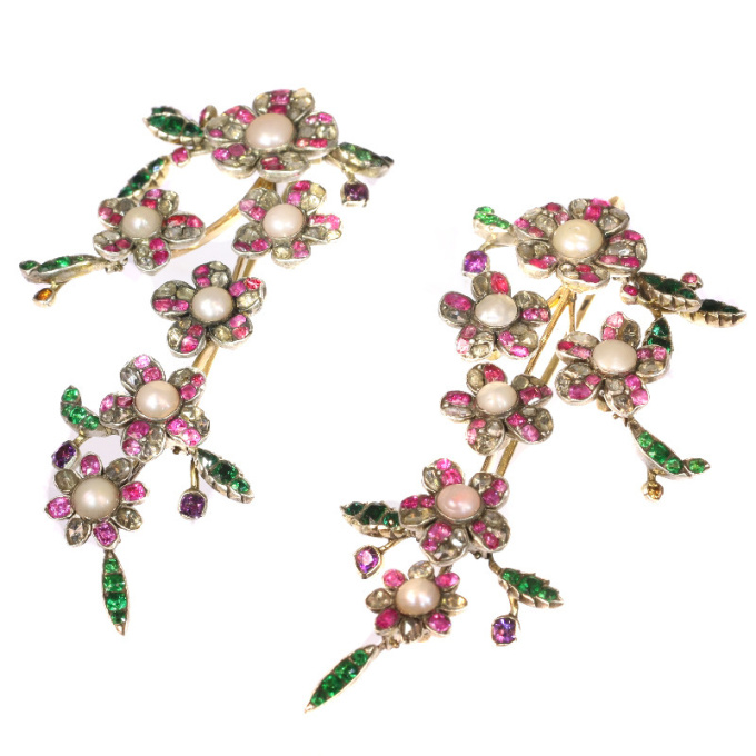 Extravagant long pendent earrings from antique parts diamonds, pearls, rubies by Unknown artist