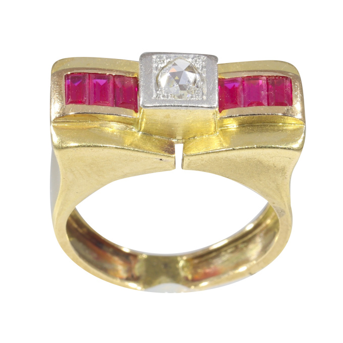 Vintage Forties Retro diamond and ruby so-called bow ring by Artiste Inconnu