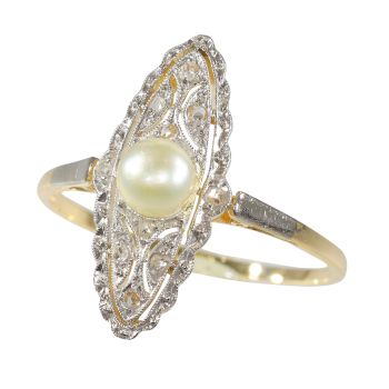 Vintage Edwardian Art Deco diamond and pearl marquise shaped ring by Unknown artist