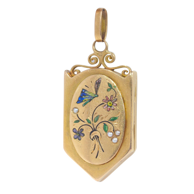 Antique 18K French gold locket with enamel work butterfly on flowers by Artista Sconosciuto
