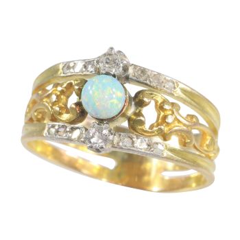 Vintage antique Victorian diamond ring with opal sphere by Artista Sconosciuto