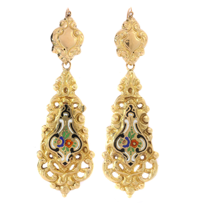 Antique Victorian gold dangle earrings with enamel by Artiste Inconnu