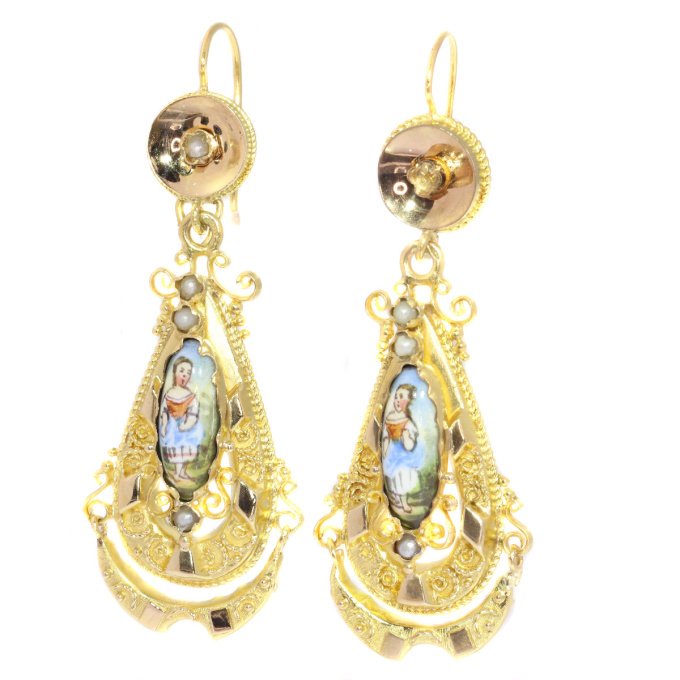 Gold Biedermeier earrings long pendant Victorian earrings with enamel by Artiste Inconnu